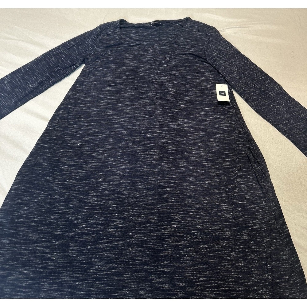 Gap Womens Space Dye Long Sleeve Swing Dress Navy Blue White Pockets Small NEW